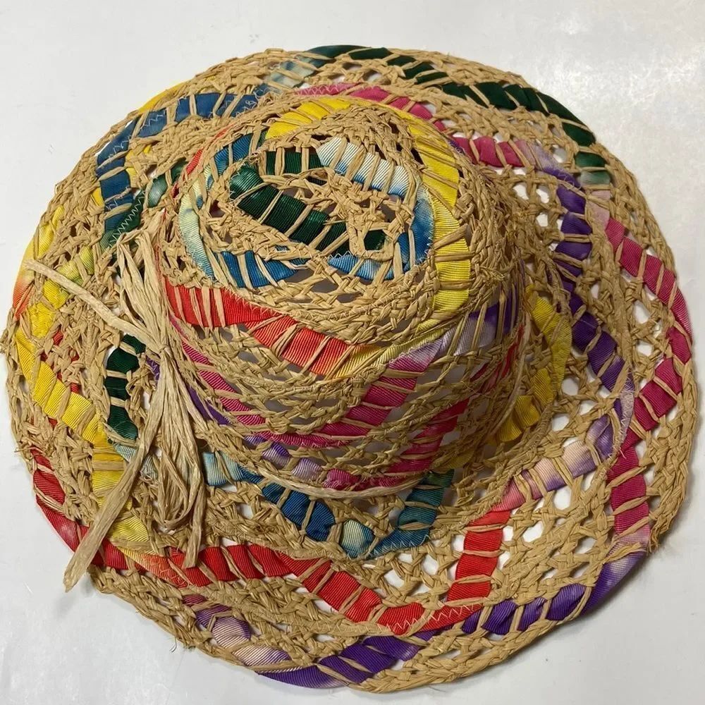 Vintage Rainbow Homage Sun Hat With Gros Grain Women Hat Made In Italy